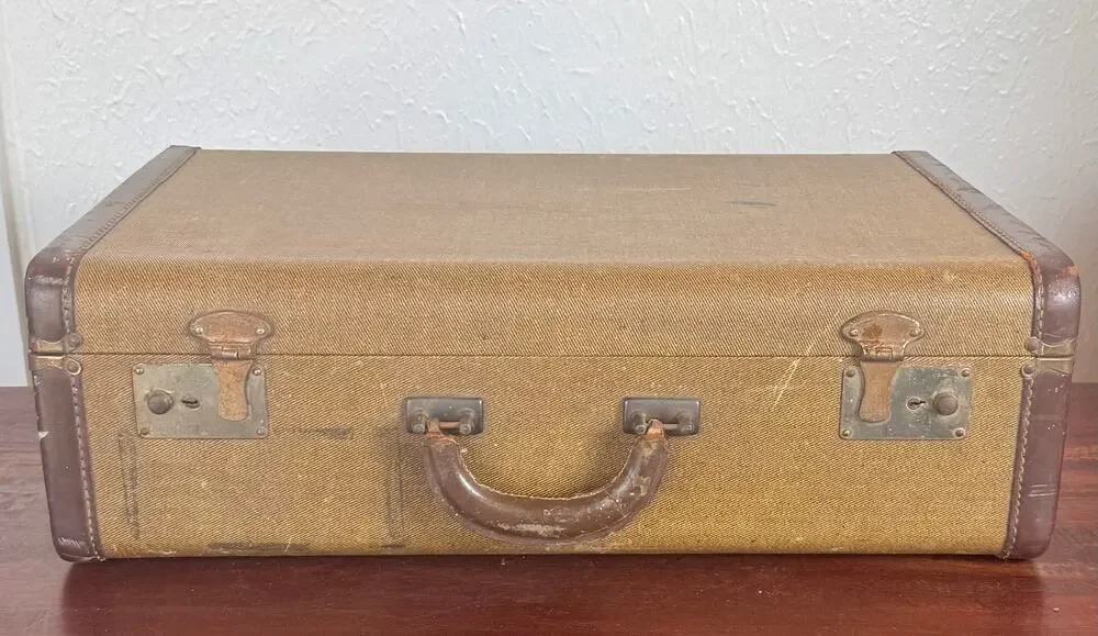 Brown Tweed Hard Sided Suitcase Ruched Interior Vintage Luggage